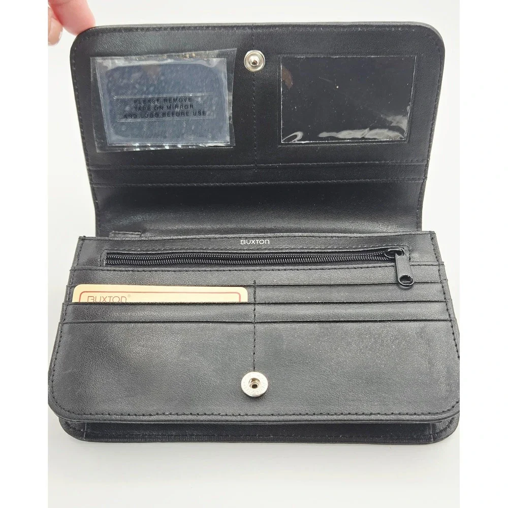 Buxton Black Leather Crossbody Wallet Purse Organizer Clutch Detachable Strap